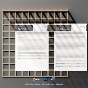 May include: Two white model release forms with black text and headers reading MODEL release. The documents include fields for photographer name, date, and signatures. The forms are displayed against a light brown grid structure with shadows.