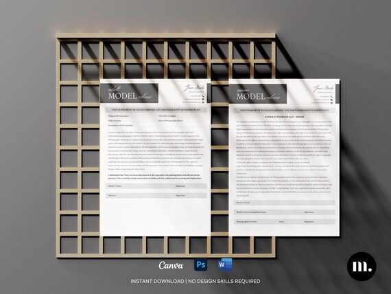 Photography Model Release Form Template | Adult & Minor Release Forms | Canva PSD Word | Editable Photography Forms
