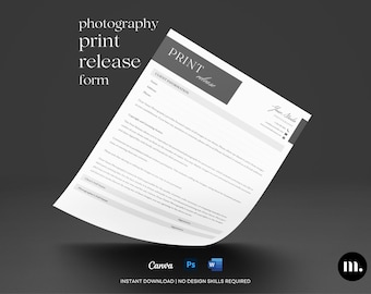Modèle de formulaire d'autorisation d'impression photo | Communiqué de presse de photographie | Toile PSD Word | Formulaires de photographe modifiables