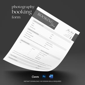 Könnte beinhalten: Ein weißes Fotografie-Buchungsformular mit schwarzem Text und grauen Akzenten. Das Dokument enthält Abschnitte für Kundeninformationen, Sitzungsdetails, Extras und Gebühren sowie eine Kopfzeile mit dem Text Booking Form und ein Unterschriftenfeld.