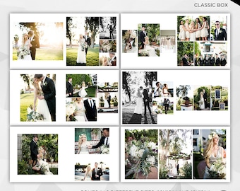 May include: A wedding photo album template with multiple images arranged in a collage. The album features images of a wedding ceremony, including the bride and groom, and wedding party. The text "ALBUM PHOTO CLASSIC BOX" is at the top.