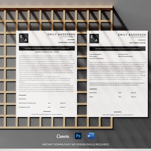 May include: Two white photography model release forms for Emily Anderson Photography, one for minors and one for adults. Each document features a black square logo with the letters EA, black text headers, and lines for names, dates, and signatures.
