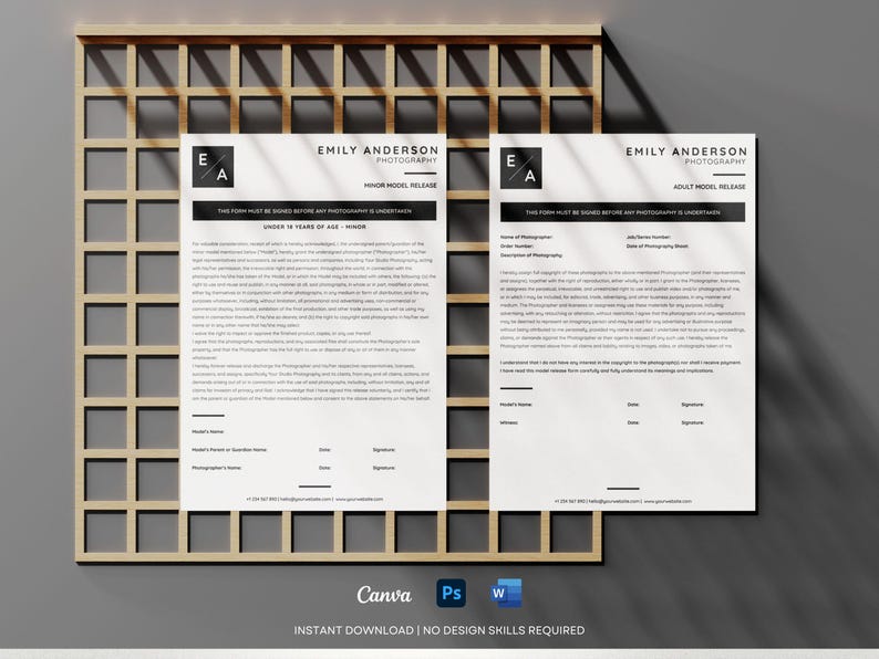 May include: Two white photography model release forms for Emily Anderson Photography, one for minors and one for adults. Each document features a black square logo with the letters EA, black text headers, and lines for names, dates, and signatures.