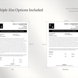 May include: Two white adult model release forms with black text and logos. The left form is labelled A4 and measures 21 cm by 29.7 cm. The right form is labelled US Letter and measures 8.5 inches by 11 inches. Both documents feature the Emily Anderson Photography logo.