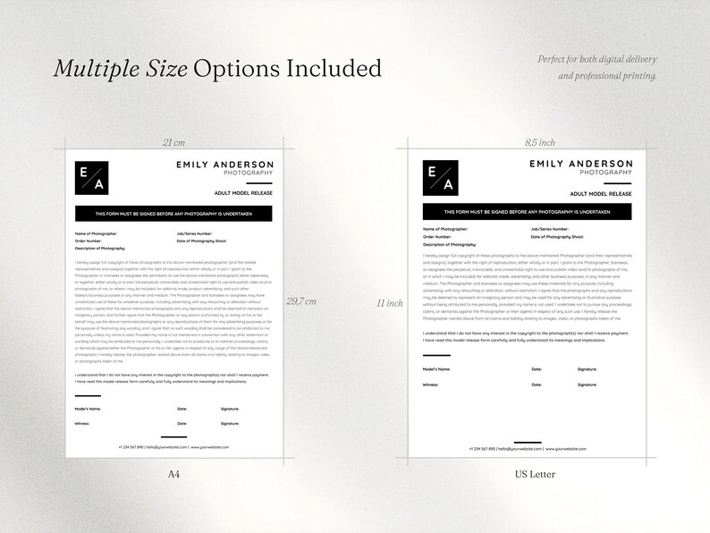 May include: Two white adult model release forms with black text and logos. The left form is labelled A4 and measures 21 cm by 29.7 cm. The right form is labelled US Letter and measures 8.5 inches by 11 inches. Both documents feature the Emily Anderson Photography logo.