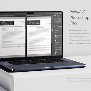 May include: A dark gray laptop displaying a digital model release form document within Adobe Photoshop software. The screen shows two side-by-side pages of the form with text fields and headers. Text on the right side reads Included Photoshop Files.