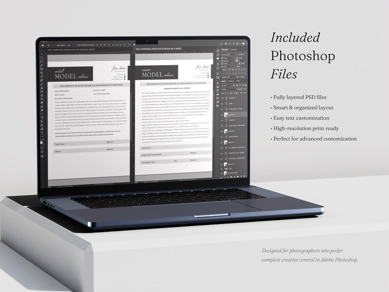 May include: A dark gray laptop displaying a digital model release form document within Adobe Photoshop software. The screen shows two side-by-side pages of the form with text fields and headers. Text on the right side reads Included Photoshop Files.