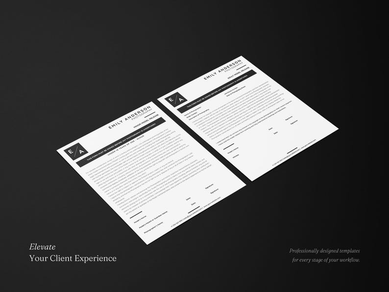 May include: Two white rectangular photography model release forms with black text and a logo featuring the letters EA. The documents include sections for signatures, dates, and photography details, titled Emily Anderson Photography.