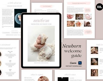 Modèle de guide de bienvenue pour nouveau-né Canva PSD | Guide du client pour la photographie de 16 pages | Kit de bienvenue pour photographie de nouveau-né