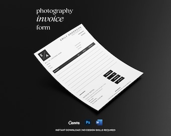 Modèle de facture de photographie | Modèle de facture Canva | Formulaire de facture du photographe | Facture Word PSD | Facture commerciale modifiable