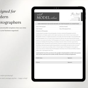 May include: A digital tablet displaying an adult model release form template. The document features a header with the text "adult MODEL release" and "Your Studio Photography," followed by legal text, signature lines for the model and witness.