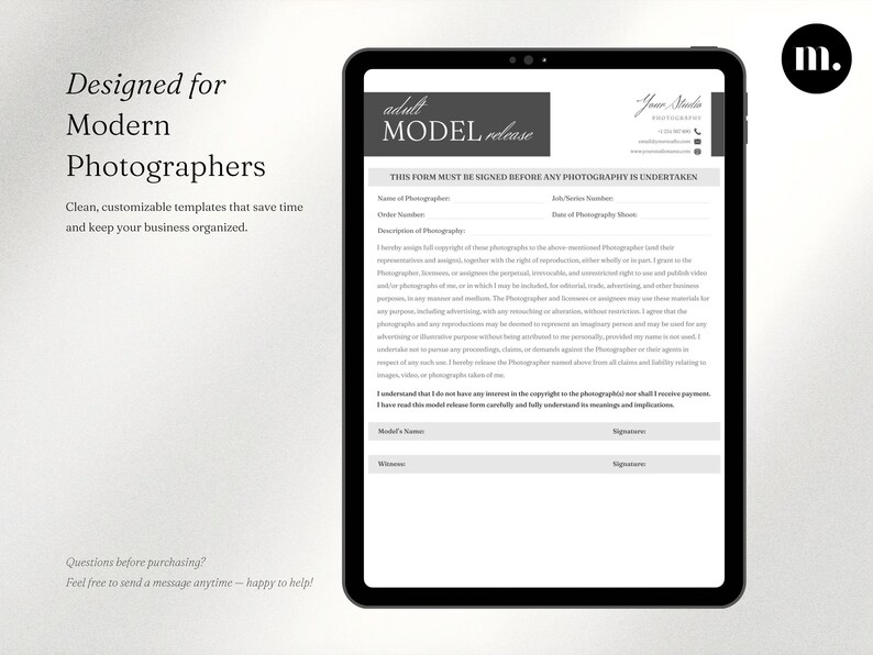 May include: A digital tablet displaying an adult model release form template. The document features a header with the text "adult MODEL release" and "Your Studio Photography," followed by legal text, signature lines for the model and witness.