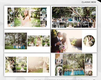 May include: A wedding photo album template with multiple images, featuring a bride and groom, wedding party, and outdoor ceremony scenes. The album is available in two sizes: 10x10 inches and 12x12 inches. The text "ALBUM PHOTO" and "CLASSIC BOX" are visible.