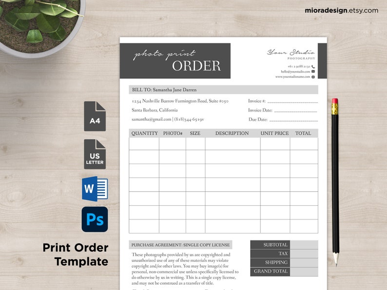 Photo Print Order Form MsWord and Photoshop Template for Photographers INSTANT DOWNLOAD PPO002 image 1