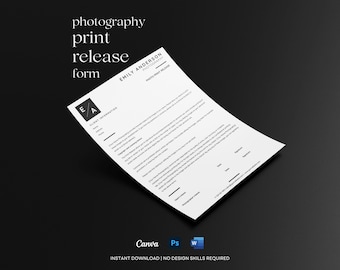 Modèle de formulaire d'autorisation d'impression photo | Communiqué de presse de photographie | Toile PSD Word | Formulaires de photographe modifiables