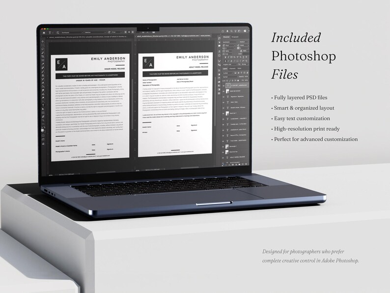 May include: A dark grey laptop displaying Adobe Photoshop software with two open document windows showing white business forms with black text and the logo EA for Emily Anderson Photography. The screen shows layers and toolbars.