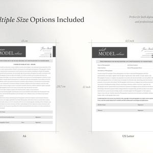 May include: Two black and white model release forms, one labeled A4 measuring 21 cm by 29.7 cm and one labeled US Letter measuring 8.5 inches by 11 inches. Both documents feature text fields for photographer and model information, signatures, and dates.