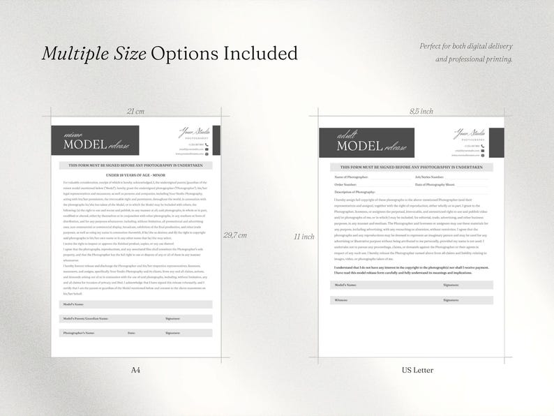 May include: Two black and white model release forms, one labeled A4 measuring 21 cm by 29.7 cm and one labeled US Letter measuring 8.5 inches by 11 inches. Both documents feature text fields for photographer and model information, signatures, and dates.