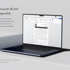 May include: A dark blue laptop displaying a document template in Microsoft Word. The screen shows a professional letterhead with the text Emily Anderson Photography and a logo with the letters E A. The text Microsoft Word Compatible is visible.