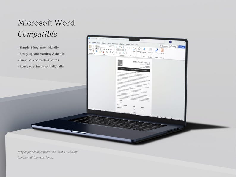 May include: A dark blue laptop displaying a document template in Microsoft Word. The screen shows a professional letterhead with the text Emily Anderson Photography and a logo with the letters E A. The text Microsoft Word Compatible is visible.