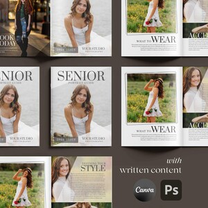 May include: A layout of magazine pages with the text "BOOK TODAY", "SENIOR PORTRAIT GUIDE", "WHAT TO WEAR", and "ACCESSORIES". The pages feature photos of a woman in a white dress and text that says "YOUR STUDIO PHOTOGRAPHY". The Canva and Ps logos are also visible.