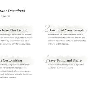 May include: A white informational graphic with black text detailing a four-step process. The steps are: 1. Purchase This Listing, 2. Download Your Template, 3. Start Customising, and 4. Save, Print, and Share. A black circle with a white m. is in the corner.