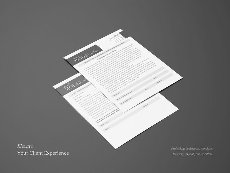 May include: Two white paper documents with black text and grey headers featuring the title "MODEL release" in a serif font. The forms include sections for personal information, signature lines, and dates, presented in a clean, professional layout.