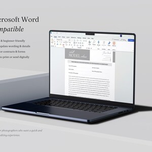 May include: A dark gray laptop displaying a digital model release form document in Microsoft Word. The screen shows text fields for photographer and model details, with the header reading Model Release. The laptop is positioned on a white surface.