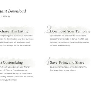 May include: An instructional graphic titled Instant Download How It Works with a black circle containing a white m. logo. It outlines four steps: Purchase This Listing, Download Your Template, Start Customizing, and Save, Print, and Share.