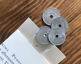 4 National Transport Tokens - Bus - Train - Coins - Mixed Media - Altered Art