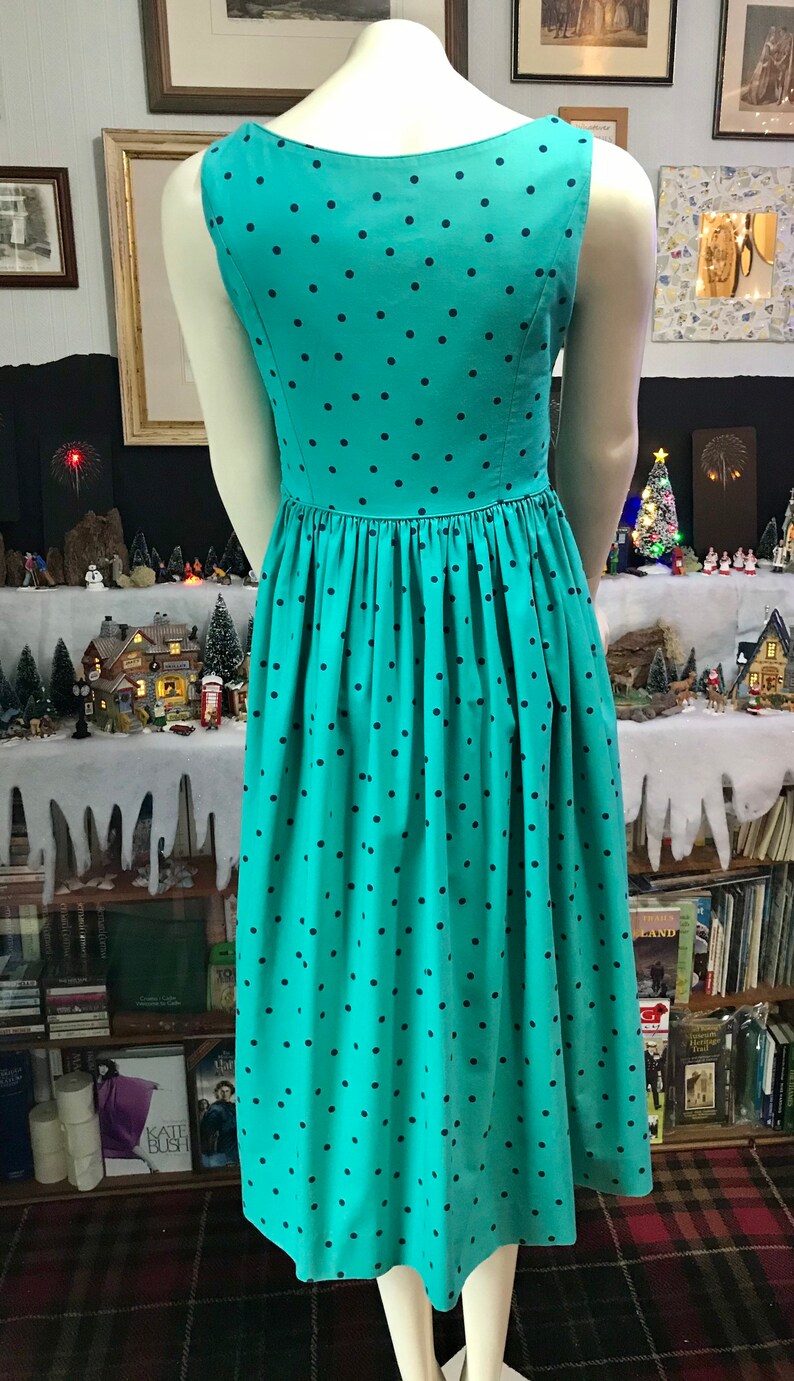 Everyday Teal Navy 1980s Polka Dot Vintage LAURA ASHLEY Christmas 32\u201d Bust Dress Cotton