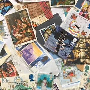 Christmas 30 Assorted UK Christmas Postage Stamps Collage Cards Smash Books Junk Journals Decoration image 2