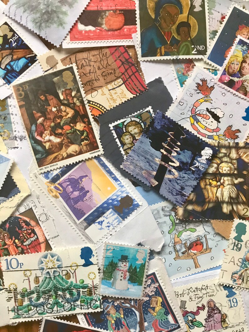 Christmas 30 Assorted UK Christmas Postage Stamps Collage Cards Smash Books Junk Journals Decoration image 2