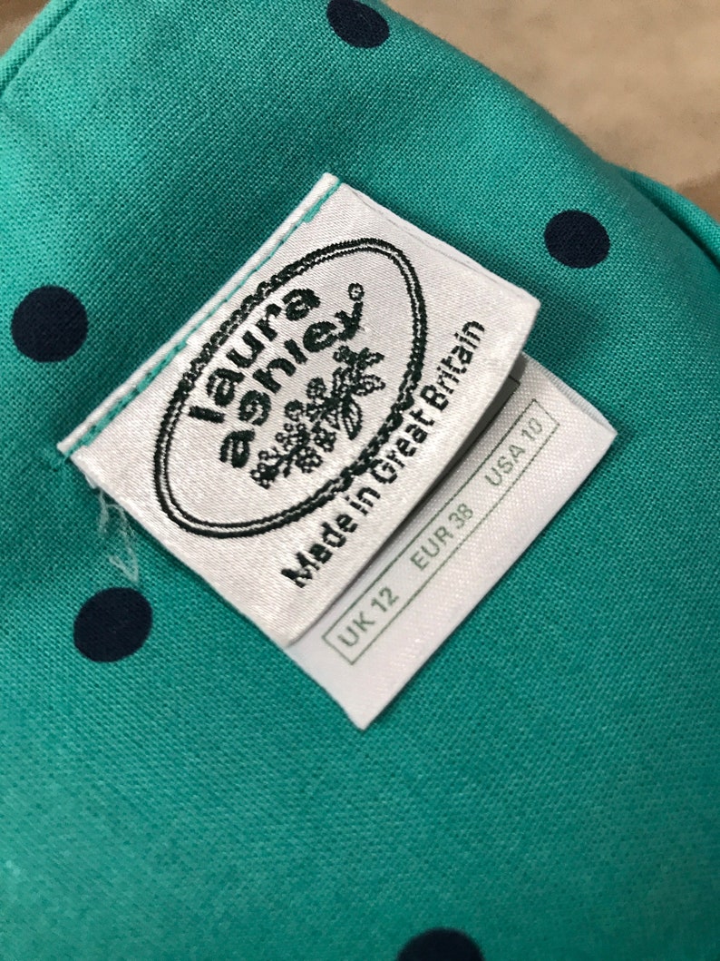 Everyday Teal Navy 1980s Polka Dot Vintage LAURA ASHLEY Christmas 32\u201d Bust Dress Cotton