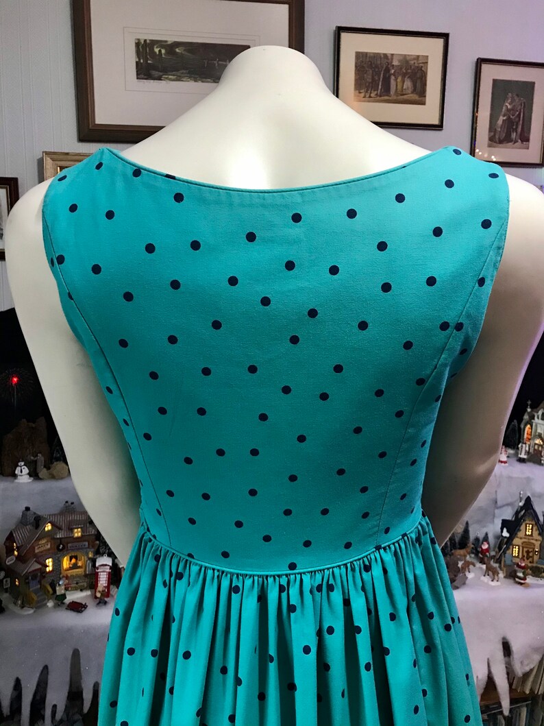 Everyday Teal Navy 1980s Polka Dot Vintage LAURA ASHLEY Christmas 32\u201d Bust Dress Cotton