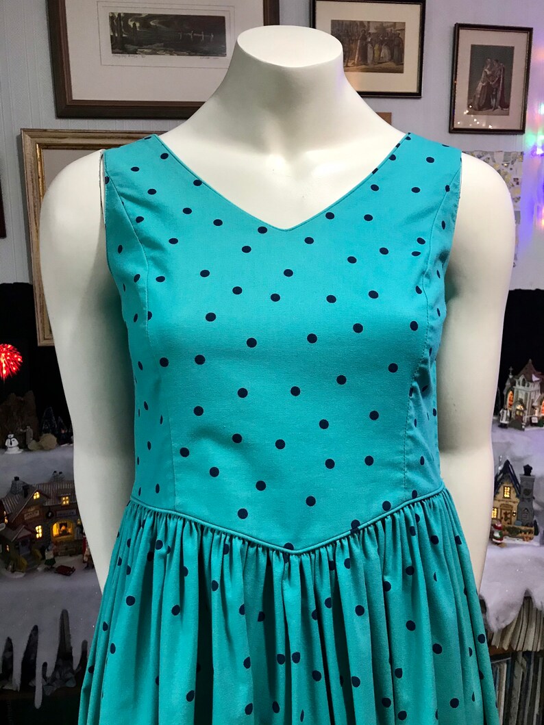 Everyday Teal Navy 1980s Polka Dot Vintage LAURA ASHLEY Christmas 32\u201d Bust Dress Cotton