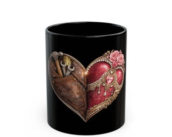 Taza con ilustración de corazón Steampunk / Taza de café de cerámica negra