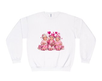 Sudadera de cuello redondo con tres niñas con corazones / Ilustración infantil rosa de San Valentín