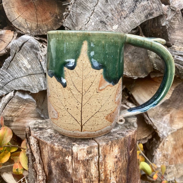 Coffee and nature lover pottery mug Large Unique Handmade Ceramic Coffee Tea Cup Maple Leaf Mug Gift for Him or Her