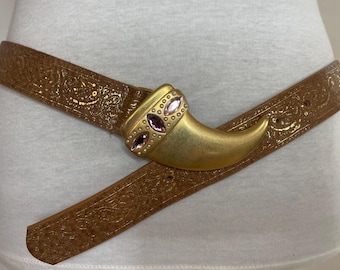 Vintage genuine leather belt with "horn of plenty" shape buckle with rhinestones
