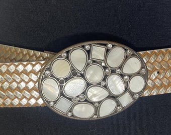 Vintage Genuine Leather Silver belt with Mother of Pearls and Rhinestones buckle