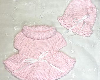 Hand-knit dress and matching bonnet