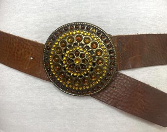 Vintage genuine leather belt with amber and yellow stones buckle