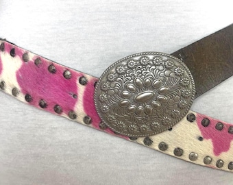 Vintage genuine leather belt with pink dye cowhide tab