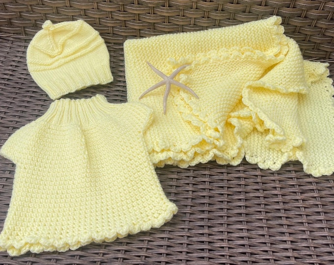 Featured listing image: Newborn hand knitted matching set blanket, dress and beanie
