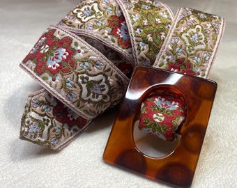 Vintage Jacquard ribbon  belt with faux tortoise shell buckle