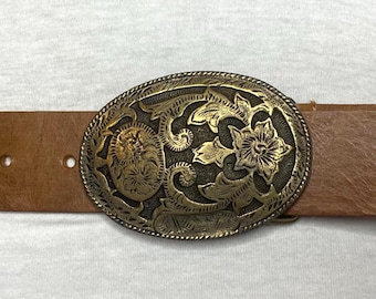 Vintage genuine leather tan belt with floral design embossed oval buckle