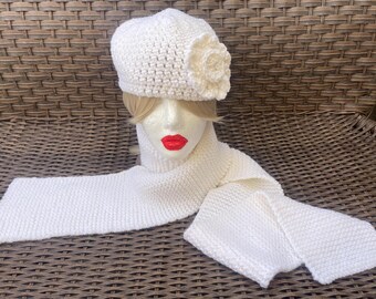 Hand knitted white beanie with flower applique and  matching scarf set