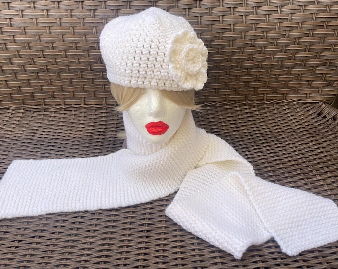 Featured listing image: Hand knitted white beanie with flower applique and  matching scarf set