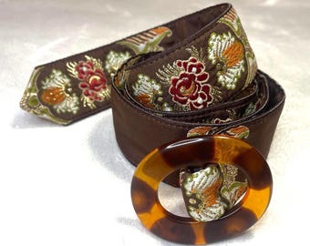 Vintage Jacquard ribbon belt with faux tortoise shell buckle
